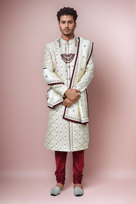 Samyukta Singhania Beige Georgette, , Chanderi Embroidery Diamond Sherwani Set 