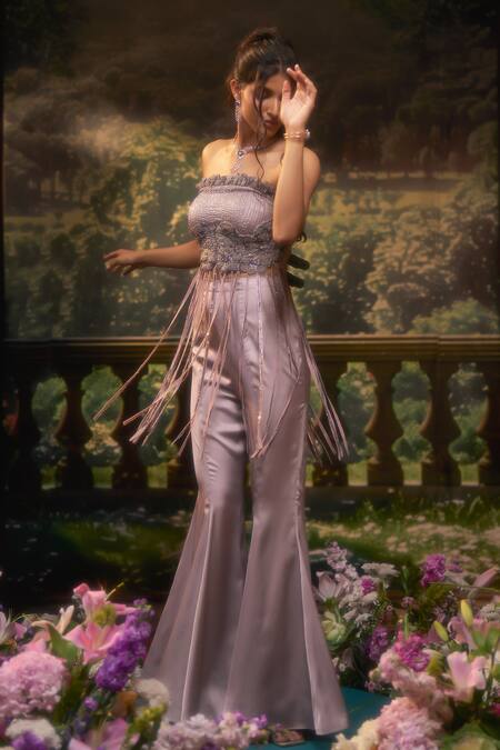 Shop_Muskan Aggarwal_Mauve Satin, Net Beads, Cut Work Beaded Fringe Off Shoulder Top With Flared Pant_Online_at_Aza_Fashions