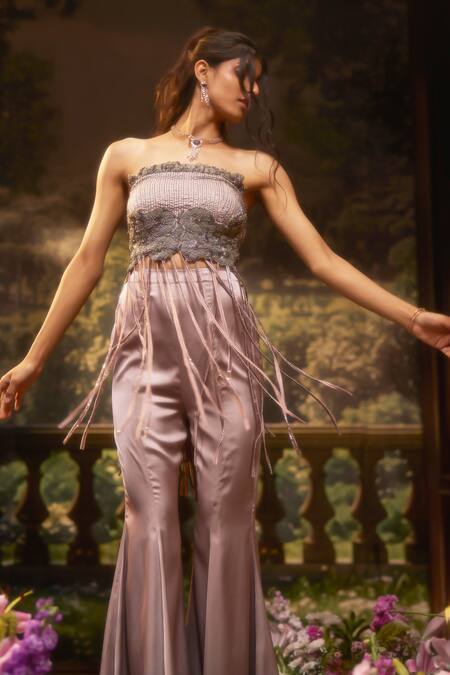 Buy_Muskan Aggarwal_Mauve Satin, Net Beads, Cut Work Beaded Fringe Off Shoulder Top With Flared Pant