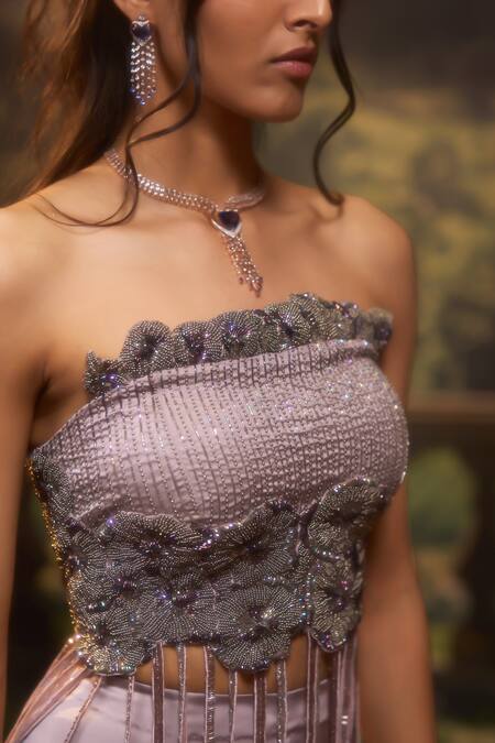 Shop_Muskan Aggarwal_Mauve Satin, Net Beads, Cut Work Beaded Fringe Off Shoulder Top With Flared Pant