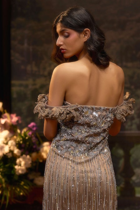 Shop Muskan Aggarwal Brown Net Sequins, Beads, Cut Work Off-shoulder Earthwood Gown at Aza Fashions Shop_Muskan Aggarwal_Brown Net Sequins, Beads, Cut Work Off-shoulder Earthwood Gown_at_Aza_Fashions