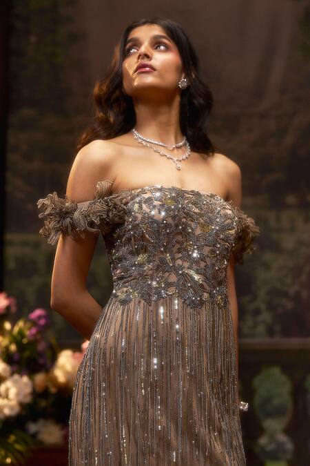 Buy Muskan Aggarwal Brown Net Sequins, Beads, Cut Work Off-shoulder Earthwood Gown Online at Aza Fashions Buy_Muskan Aggarwal_Brown Net Sequins, Beads, Cut Work Off-shoulder Earthwood Gown_Online_at_Aza_Fashions