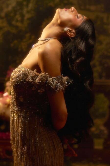 Shop Muskan Aggarwal Brown Net Sequins, Beads, Cut Work Off-shoulder Earthwood Gown Online at Aza Fashions Shop_Muskan Aggarwal_Brown Net Sequins, Beads, Cut Work Off-shoulder Earthwood Gown_Online_at_Aza_Fashions