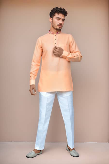 Samyukta Singhania Orange Linen, Cotton, Silk Contrast Collar Kurta And Pant Set