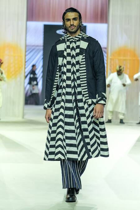 Shop_KA-Sha_Black Cotton And White Striped Kurta _Online_at_Aza_Fashions