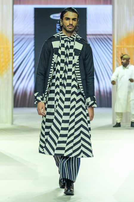 KA-Sha Black & White Striped Kurta 