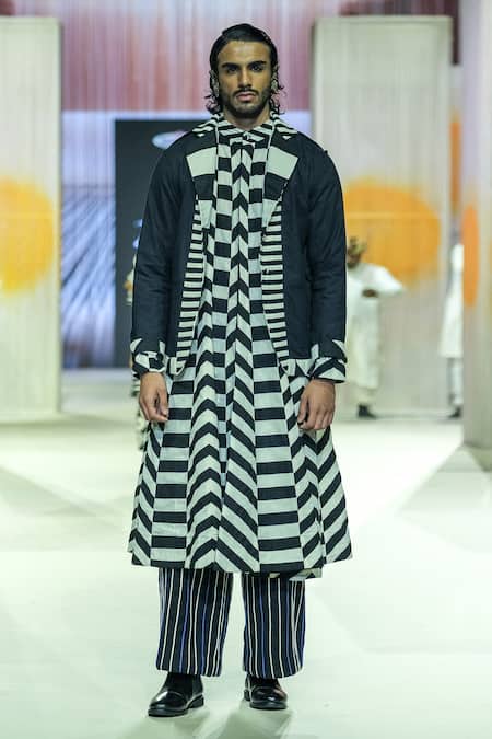 KA-Sha Black & White Striped Kurta 