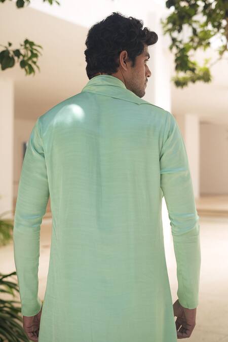 Pooja Bagaria_Mint Satin, Linen Green Cowl Kurta Set _Online_at_Aza_Fashions