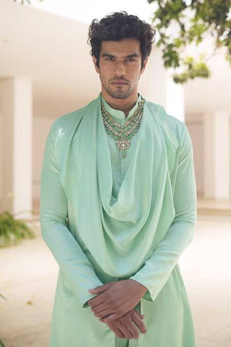 Shop_Pooja Bagaria_Mint Satin, Linen Green Cowl Kurta Set _Online_at_Aza_Fashions
