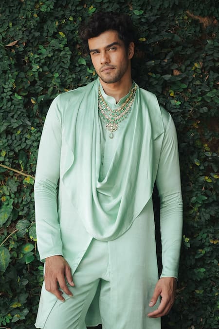 Pooja Bagaria_Mint Satin, Linen Green Cowl Kurta Set _at_Aza_Fashions