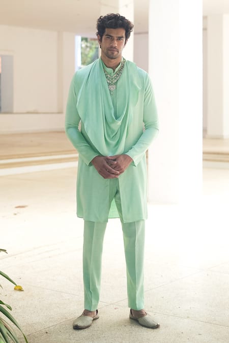 Pooja Bagaria Mint Satin, Linen Green Cowl Kurta Set