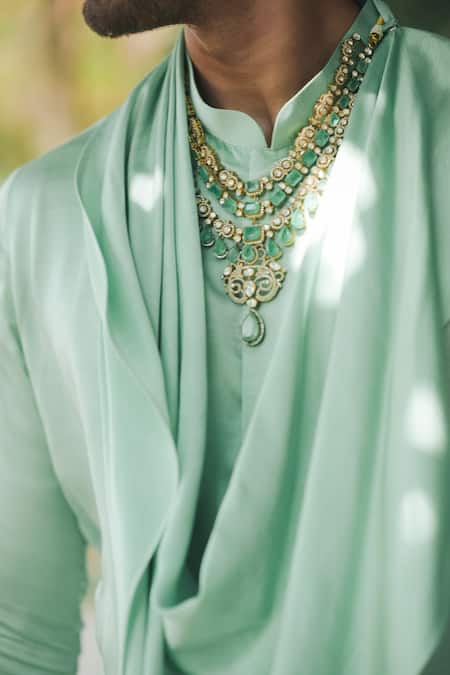 Buy_Pooja Bagaria_Mint Satin, Linen Green Cowl Kurta Set 