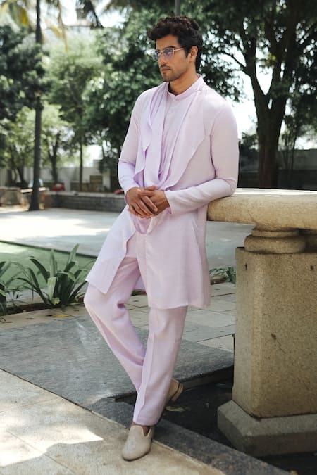 Buy_Pooja Bagaria_Lavender Satin, Linen Cowl Kurta Set _Online_at_Aza_Fashions