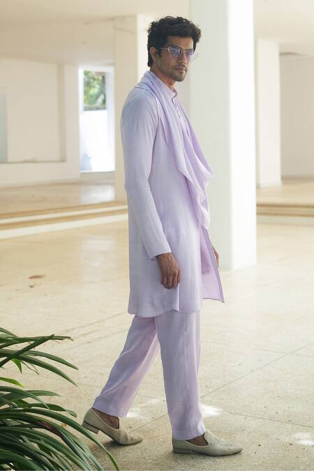 Shop_Pooja Bagaria_Lavender Satin, Linen Cowl Kurta Set _Online_at_Aza_Fashions