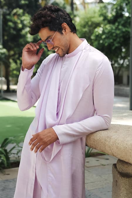 Pooja Bagaria_Lavender Satin, Linen Cowl Kurta Set _at_Aza_Fashions