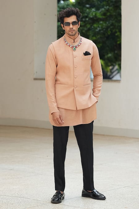 Pooja Bagaria Beige Cotton, Linen Bandi Set