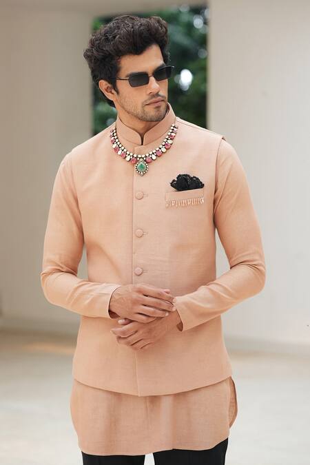 Shop_Pooja Bagaria_Beige Cotton, Linen Bandi Set _Online_at_Aza_Fashions