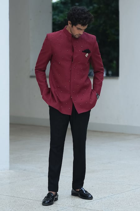 Pooja Bagaria Maroon Crystal Bandhgala Set 