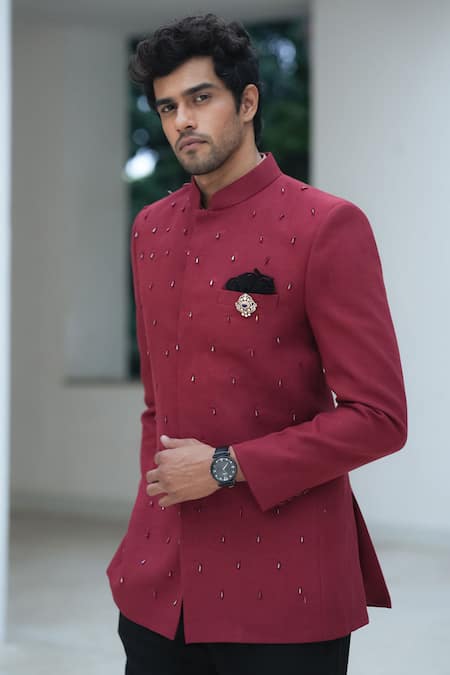 Buy_Pooja Bagaria_Maroon Cotton, Linen Crystals Bandhgala Set _Online_at_Aza_Fashions