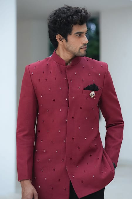 Shop_Pooja Bagaria_Maroon Cotton, Linen Crystals Bandhgala Set _Online_at_Aza_Fashions