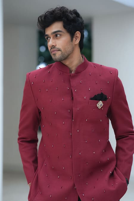 Pooja Bagaria_Maroon Cotton, Linen Crystals Bandhgala Set _at_Aza_Fashions