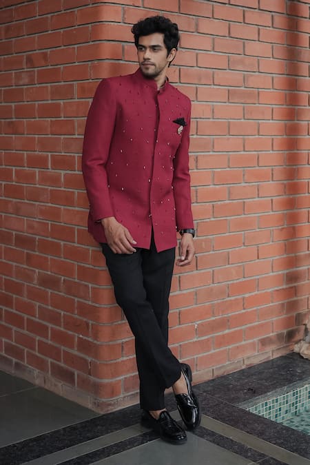 Buy_Pooja Bagaria_Maroon Cotton, Linen Crystals Bandhgala Set 