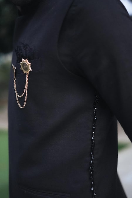 Shop_Pooja Bagaria_Black Cotton, Linen Brooches Regal Crystal Bandi Set _Online_at_Aza_Fashions