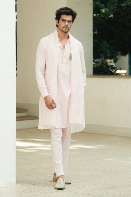 Pooja Bagaria_Pink Cotton, Linen Brooches Pastel Kurta Set _Online_at_Aza_Fashions