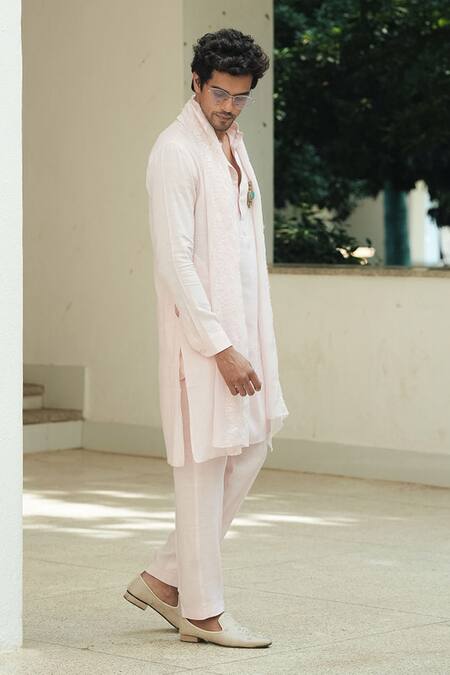 Shop_Pooja Bagaria_Pink Cotton, Linen Brooches Pastel Kurta Set _Online_at_Aza_Fashions