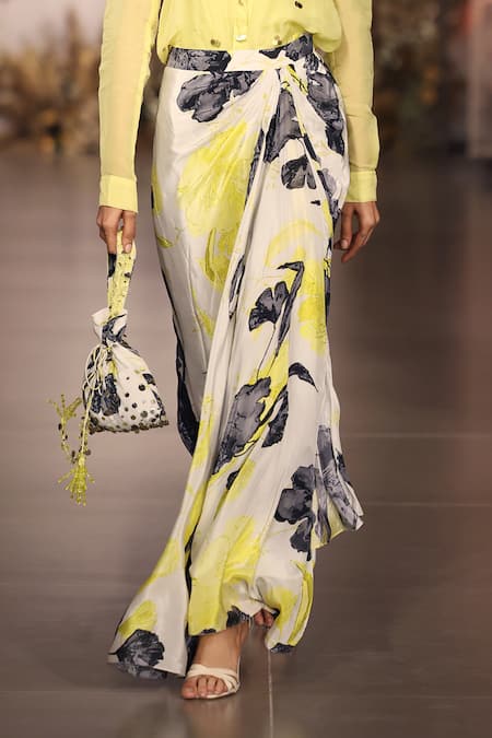 Basanti - Kapde Aur Koffee_Yellow Crepe Brooches Round Neck, Collared Brass Work Skirt Set _Online_at_Aza_Fashions