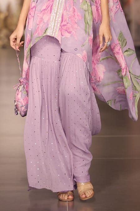 Basanti - Kapde Aur Koffee_Lilac Crepe Mirrors, Sequins V-neck Kaftan Set_Online_at_Aza_Fashions