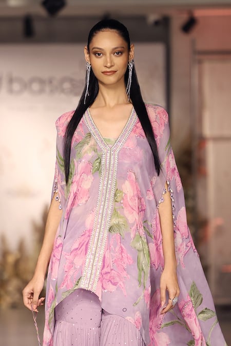 Buy_Basanti - Kapde Aur Koffee_Lilac Crepe Mirrors, Sequins V-neck Kaftan Set_Online_at_Aza_Fashions