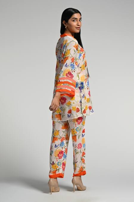 Taroob_Multi Color Crepe Mandarin Collar Floral Print Co-ord Set_Online_at_Aza_Fashions
