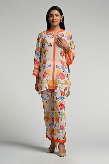 Buy_Taroob_Multi Color Crepe Mandarin Collar Floral Print Co-ord Set_Online_at_Aza_Fashions