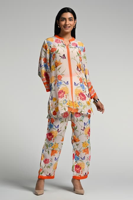Taroob Multi Color Crepe Mandarin Collar Floral Print Co-ord Set