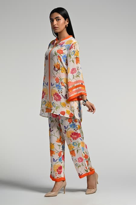 Taroob_Multi Color Crepe Mandarin Collar Floral Print Co-ord Set_at_Aza_Fashions