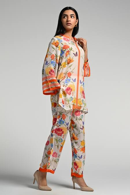 Buy_Taroob_Multi Color Crepe Mandarin Collar Floral Print Co-ord Set
