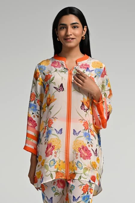 Shop_Taroob_Multi Color Crepe Mandarin Collar Floral Print Co-ord Set