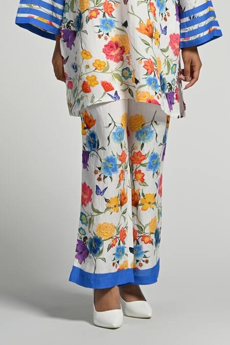 Buy_Taroob_White Linen V-neck Floral Print Kurta Set 