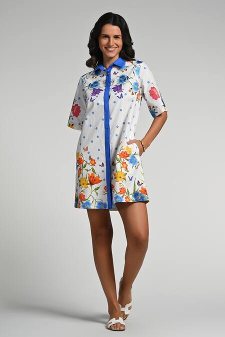 Taroob White Cotton, Poplin Collared Papillion Garden Dress Online at Aza Fashions Taroob_White Cotton, Poplin Collared Papillion Garden Dress _Online_at_Aza_Fashions