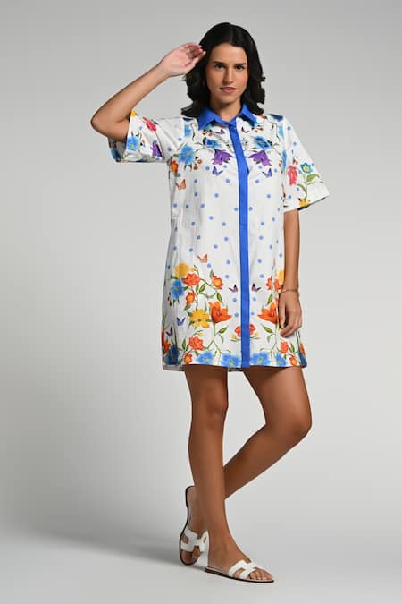 Taroob White Cotton, Poplin Collared Papillion Garden Dress