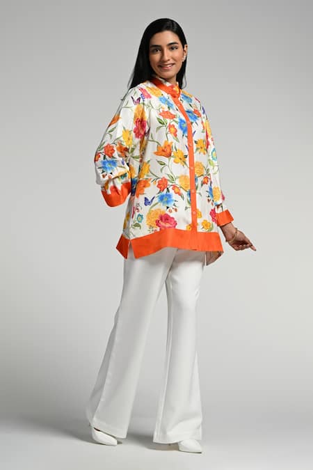 Buy_Taroob_Multi Color Silk, Modal, Satin Embroidery Mandarin Papillion Garden Shirt_Online_at_Aza_Fashions