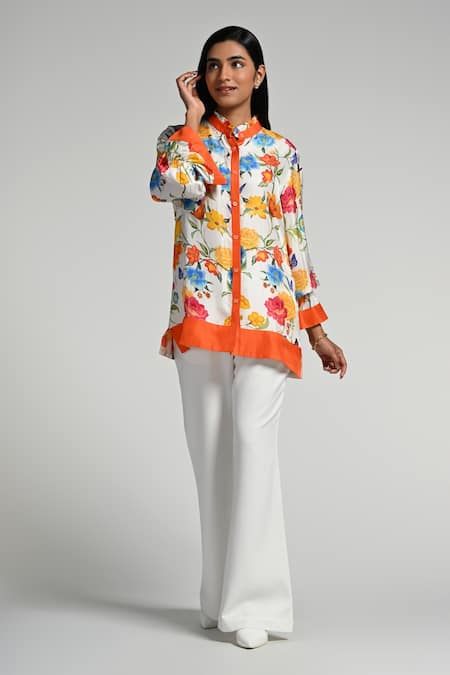 Shop_Taroob_Multi Color Silk, Modal, Satin Embroidery Mandarin Papillion Garden Shirt_Online_at_Aza_Fashions