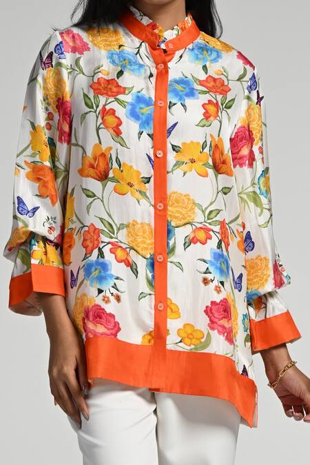 Taroob_Multi Color Silk, Modal, Satin Embroidery Mandarin Papillion Garden Shirt_at_Aza_Fashions