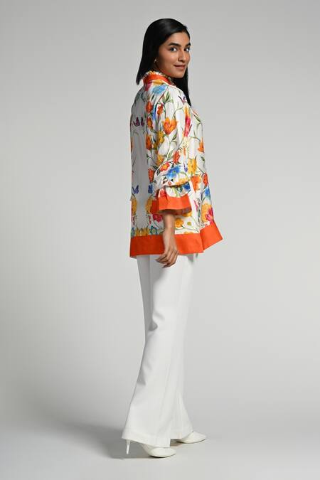 Buy_Taroob_Multi Color Silk, Modal, Satin Embroidery Mandarin Papillion Garden Shirt