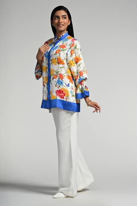 Buy_Taroob_White Silk, Modal, Satin Mandarin Collar Papillion Garden Shirt_Online_at_Aza_Fashions