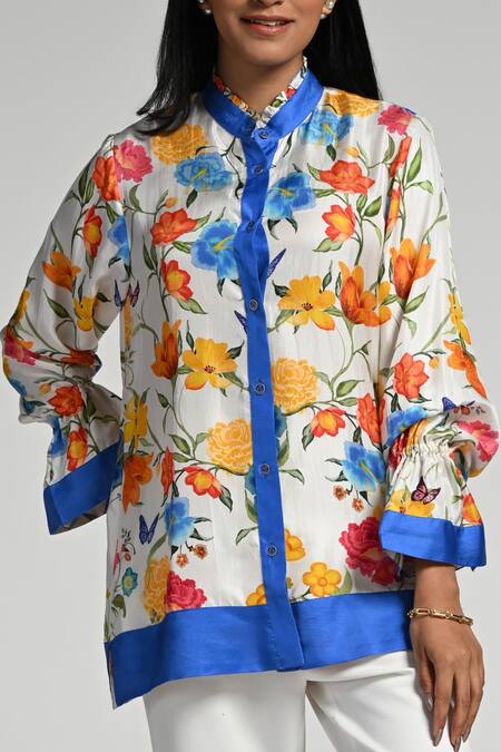 Taroob_White Silk, Modal, Satin Mandarin Collar Papillion Garden Shirt_at_Aza_Fashions