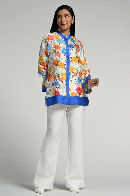 Buy_Taroob_White Silk, Modal, Satin Mandarin Collar Papillion Garden Shirt