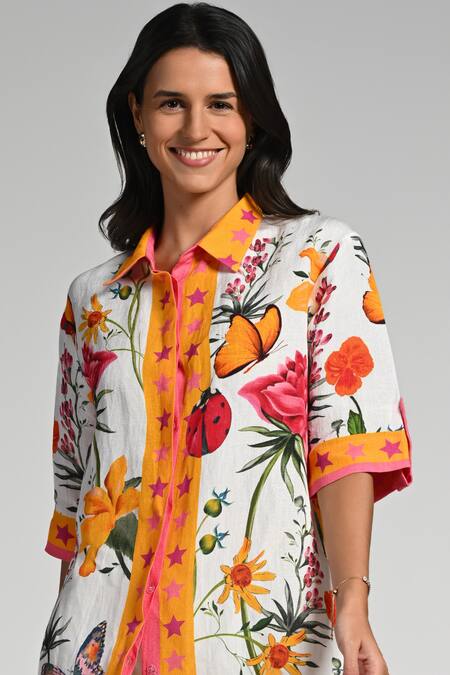 Taroob_Multi Color Linen Collared Fleur De Rove Co-ord Set_Online_at_Aza_Fashions