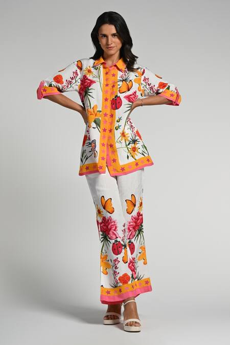Taroob_Multi Color Linen Collared Fleur De Rove Co-ord Set_at_Aza_Fashions